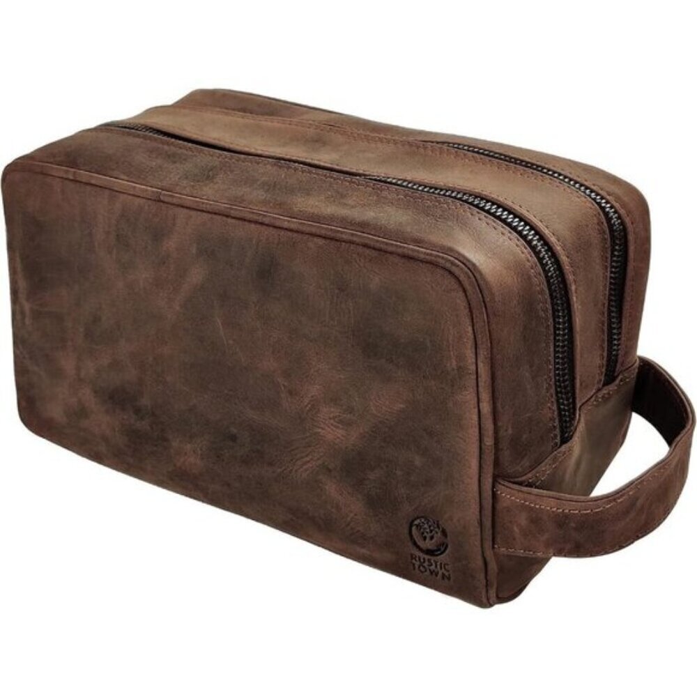 Rustic Town Full Grain Leather Toiletry Bag Travel Depp Kit Waterproof Lining